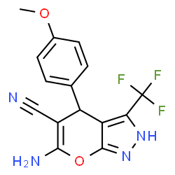 ChemSpider 2D Image | 6-Amino-4-(4-methoxyphenyl)-3-(trifluoromethyl)-2,4-dihydropyrano[2,3-c]pyrazole-5-carbonitrile | C15H11F3N4O2