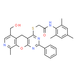 ChemSpider 2D Image | 2-{[6-(Hydroxymethyl)-9-methyl-2-phenyl-5H-pyrido[4',3':5,6]pyrano[2,3-d]pyrimidin-4-yl]sulfanyl}-N-mesitylacetamide | C29H28N4O3S