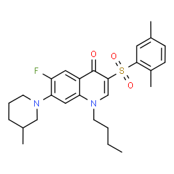 ChemSpider 2D Image | 1-Butyl-3-[(2,5-dimethylphenyl)sulfonyl]-6-fluoro-7-(3-methyl-1-piperidinyl)-4(1H)-quinolinone | C27H33FN2O3S