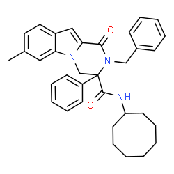 ChemSpider 2D Image | 2-Benzyl-N-cyclooctyl-7-methyl-1-oxo-3-phenyl-1,2,3,4-tetrahydropyrazino[1,2-a]indole-3-carboxamide | C34H37N3O2