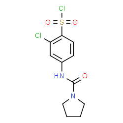ChemSpider 2D Image | 2-Chloro-4-[(1-pyrrolidinylcarbonyl)amino]benzenesulfonyl chloride | C11H12Cl2N2O3S