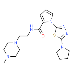 ChemSpider 2D Image | N-[2-(4-Methyl-1-piperazinyl)ethyl]-1-[5-(1-pyrrolidinyl)-1,3,4-thiadiazol-2-yl]-1H-pyrrole-2-carboxamide | C18H27N7OS