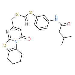 ChemSpider 2D Image | 3-Methyl-N-(2-{[(4-oxo-6,7,8,9-tetrahydro-4H-pyrimido[2,1-b][1,3]benzothiazol-2-yl)methyl]sulfanyl}-1,3-benzothiazol-6-yl)butanamide | C23H24N4O2S3