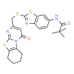 ChemSpider 2D Image | 2,2-Dimethyl-N-(2-{[(4-oxo-6,7,8,9-tetrahydro-4H-pyrimido[2,1-b][1,3]benzothiazol-2-yl)methyl]sulfanyl}-1,3-benzothiazol-6-yl)propanamide | C23H24N4O2S3