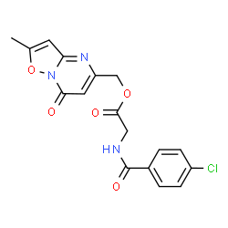 ChemSpider 2D Image | (2-Methyl-7-oxo-7H-[1,2]oxazolo[2,3-a]pyrimidin-5-yl)methyl N-(4-chlorobenzoyl)glycinate | C17H14ClN3O5
