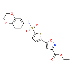 ChemSpider 2D Image | Ethyl 5-[5-(2,3-dihydro-1,4-benzodioxin-6-ylsulfamoyl)-2-thienyl]-1,2-oxazole-3-carboxylate | C18H16N2O7S2