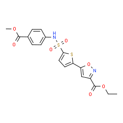 ChemSpider 2D Image | Ethyl 5-(5-{[4-(methoxycarbonyl)phenyl]sulfamoyl}-2-thienyl)-1,2-oxazole-3-carboxylate | C18H16N2O7S2