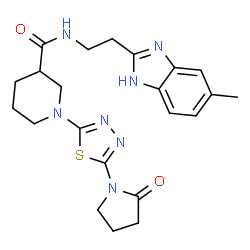 ChemSpider 2D Image | N-[2-(5-Methyl-1H-benzimidazol-2-yl)ethyl]-1-[5-(2-oxo-1-pyrrolidinyl)-1,3,4-thiadiazol-2-yl]-3-piperidinecarboxamide | C22H27N7O2S