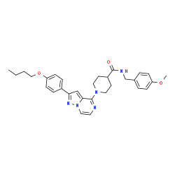 ChemSpider 2D Image | 1-[2-(4-Butoxyphenyl)pyrazolo[1,5-a]pyrazin-4-yl]-N-(4-methoxybenzyl)-4-piperidinecarboxamide | C30H35N5O3