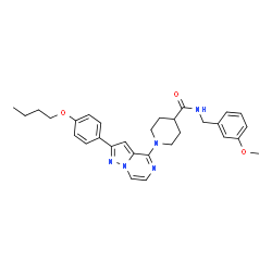 ChemSpider 2D Image | 1-[2-(4-Butoxyphenyl)pyrazolo[1,5-a]pyrazin-4-yl]-N-(3-methoxybenzyl)-4-piperidinecarboxamide | C30H35N5O3