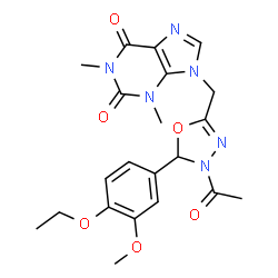 ChemSpider 2D Image | 9-{[4-Acetyl-5-(4-ethoxy-3-methoxyphenyl)-4,5-dihydro-1,3,4-oxadiazol-2-yl]methyl}-1,3-dimethyl-3,9-dihydro-1H-purine-2,6-dione | C21H24N6O6