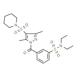 ChemSpider 2D Image | 3-{[3,5-Dimethyl-4-(1-piperidinylsulfonyl)-1H-pyrazol-1-yl]carbonyl}-N,N-diethylbenzenesulfonamide | C21H30N4O5S2