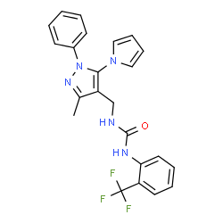 ChemSpider 2D Image | 1-{[3-Methyl-1-phenyl-5-(1H-pyrrol-1-yl)-1H-pyrazol-4-yl]methyl}-3-[2-(trifluoromethyl)phenyl]urea | C23H20F3N5O
