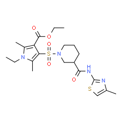 ChemSpider 2D Image | Ethyl 1-ethyl-2,5-dimethyl-4-({3-[(4-methyl-1,3-thiazol-2-yl)carbamoyl]-1-piperidinyl}sulfonyl)-1H-pyrrole-3-carboxylate | C21H30N4O5S2