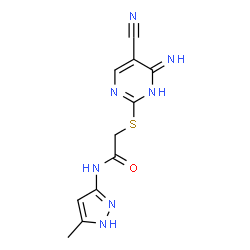 ChemSpider 2D Image | 2-[(4-Amino-5-cyano-2-pyrimidinyl)sulfanyl]-N-(5-methyl-1H-pyrazol-3-yl)acetamide | C11H11N7OS