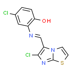 ChemSpider 2D Image | 4-Chloro-2-{(E)-[(6-chloroimidazo[2,1-b][1,3]thiazol-5-yl)methylene]amino}phenol | C12H7Cl2N3OS