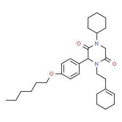 ChemSpider 2D Image | 4-[2-(1-Cyclohexen-1-yl)ethyl]-1-cyclohexyl-3-[4-(hexyloxy)phenyl]-2,5-piperazinedione | C30H44N2O3