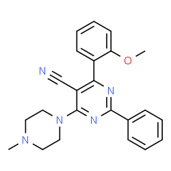 ChemSpider 2D Image | 4-(2-Methoxyphenyl)-6-(4-methyl-1-piperazinyl)-2-phenyl-5-pyrimidinecarbonitrile | C23H23N5O