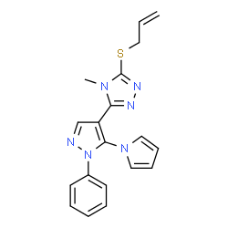 ChemSpider 2D Image | 3-(Allylsulfanyl)-4-methyl-5-[1-phenyl-5-(1H-pyrrol-1-yl)-1H-pyrazol-4-yl]-4H-1,2,4-triazole | C19H18N6S