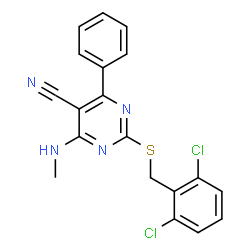 ChemSpider 2D Image | 2-[(2,6-Dichlorobenzyl)sulfanyl]-4-(methylamino)-6-phenyl-5-pyrimidinecarbonitrile | C19H14Cl2N4S