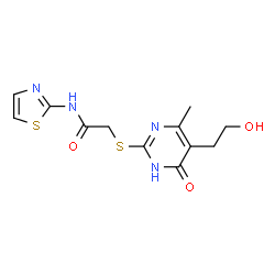 ChemSpider 2D Image | 2-{[5-(2-Hydroxyethyl)-4-methyl-6-oxo-1,6-dihydro-2-pyrimidinyl]sulfanyl}-N-(1,3-thiazol-2-yl)acetamide | C12H14N4O3S2