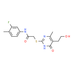 ChemSpider 2D Image | N-(3-Fluoro-4-methylphenyl)-2-{[5-(2-hydroxyethyl)-4-methyl-6-oxo-1,6-dihydro-2-pyrimidinyl]sulfanyl}acetamide | C16H18FN3O3S