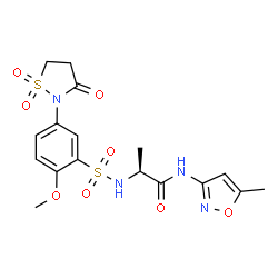 ChemSpider 2D Image | N~2~-{[5-(1,1-Dioxido-3-oxo-1,2-thiazolidin-2-yl)-2-methoxyphenyl]sulfonyl}-N-(5-methyl-1,2-oxazol-3-yl)-L-alaninamide | C17H20N4O8S2