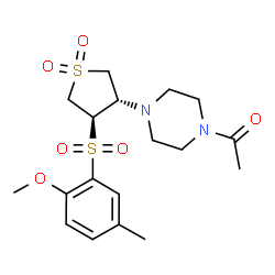 ChemSpider 2D Image | 1-(4-{(3S,4R)-4-[(2-Methoxy-5-methylphenyl)sulfonyl]-1,1-dioxidotetrahydro-3-thiophenyl}-1-piperazinyl)ethanone | C18H26N2O6S2