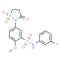 ChemSpider 2D Image | 5-(1,1-Dioxido-3-oxo-1,2-thiazolidin-2-yl)-N-(3-fluorophenyl)-2-methoxybenzenesulfonamide | C16H15FN2O6S2