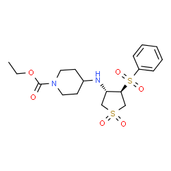 ChemSpider 2D Image | Ethyl 4-{[(3S,4R)-1,1-dioxido-4-(phenylsulfonyl)tetrahydro-3-thiophenyl]amino}-1-piperidinecarboxylate | C18H26N2O6S2