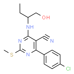 ChemSpider 2D Image | 4-(4-Chlorophenyl)-6-[(1-hydroxy-2-butanyl)amino]-2-(methylsulfanyl)-5-pyrimidinecarbonitrile | C16H17ClN4OS