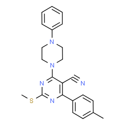 ChemSpider 2D Image | 4-(4-Methylphenyl)-2-(methylsulfanyl)-6-(4-phenyl-1-piperazinyl)-5-pyrimidinecarbonitrile | C23H23N5S