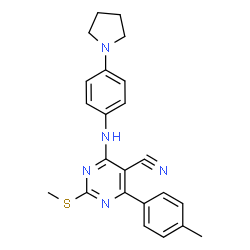 ChemSpider 2D Image | 4-(4-Methylphenyl)-2-(methylsulfanyl)-6-{[4-(1-pyrrolidinyl)phenyl]amino}-5-pyrimidinecarbonitrile | C23H23N5S