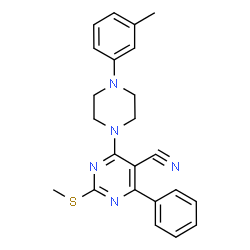 ChemSpider 2D Image | 4-[4-(3-Methylphenyl)-1-piperazinyl]-2-(methylsulfanyl)-6-phenyl-5-pyrimidinecarbonitrile | C23H23N5S