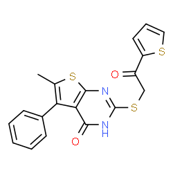ChemSpider 2D Image | 6-Methyl-2-{[2-oxo-2-(2-thienyl)ethyl]sulfanyl}-5-phenylthieno[2,3-d]pyrimidin-4(1H)-one | C19H14N2O2S3