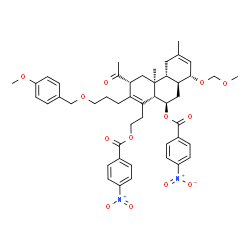 ChemSpider 2D Image | 2-{(3R,4aS,4bR,8R,8aS,10R,10aS)-3-Acetyl-2-{3-[(4-methoxybenzyl)oxy]propyl}-8-(methoxymethoxy)-4a,6-dimethyl-10-[(4-nitrobenzoyl)oxy]-3,4,4a,4b,5,8,8a,9,10,10a-decahydro-1-phenanthrenyl}ethyl 4-nitrob
enzoate | C47H54N2O13