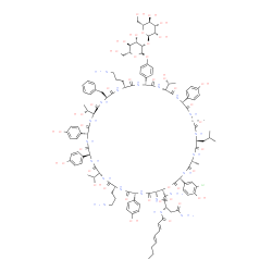 ChemSpider 2D Image | (2S)-N-[(3S,6R,9S,15S,18R,21S,24R,27S,30S,33R,36S,39R,42R,45R,48S,49S)-24,42-bis(3-aminopropyl)-27-benzyl-49-carbamoyl-3-(3-chloro-4-hydroxy-phenyl)-21-[4-[(2R,3S,4S,5S,6R)-4,5-dihydroxy-6-(hydroxymethyl)-3-[(2R,3S,4S,5S,6R)-3,4,5-trihydroxy-6-(hydroxymethyl)tetrahydropyran-2-yl]oxy-tetrahydropyran-2-yl]oxyphenyl]-18,30,39-tris(1-hydroxyethyl)-15,33,36,45-tetrakis(4-hydroxyphenyl)-9-isobutyl-6-methyl-2,5,8,11,14,17,20,23,26,29,32,35,38,41,44,47-hexadecaoxo-1-oxa-4,7,10,13,16,19,22,25,28,31,34,37,40,43,46-pentadecazacyclononatetracont-48-yl]-2-[[(2E,4E)-octa-2,4-dienoyl]amino]butanediamide | C118H152ClN21O40