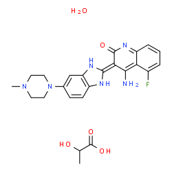 ChemSpider 2D Image | 2-Hydroxypropanoic acid - (3Z)-4-amino-5-fluoro-3-[5-(4-methyl-1-piperazinyl)-1,3-dihydro-2H-benzimidazol-2-ylidene]-2(3H)-quinolinone hydrate (1:1:1) | C24H29FN6O5