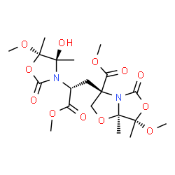 ChemSpider 2D Image | Methyl (3R,7S,7aR)-3-{(2R)-2-[(4R,5S)-4-hydroxy-5-methoxy-4,5-dimethyl-2-oxo-1,3-oxazolidin-3-yl]-3-methoxy-3-oxopropyl}-7-methoxy-7,7a-dimethyl-5-oxotetrahydro[1,3]oxazolo[4,3-b][1,3]oxazole-3-carbox
ylate | C20H30N2O12