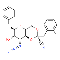 ChemSpider 2D Image | Phenyl 3-azido-4,6-O-[(1S)-1-cyano-2-(2-iodophenyl)ethylidene]-3-deoxy-1-thio-alpha-D-mannopyranoside | C21H19IN4O4S