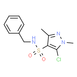 ChemSpider 2D Image | N-Benzyl-5-chloro-1,3-dimethyl-1H-pyrazole-4-sulfonamide | C12H14ClN3O2S