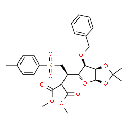 ChemSpider 2D Image | 3-O-Benzyl-5,6-dideoxy-5-(1,3-dimethoxy-1,3-dioxo-2-propanyl)-1,2-O-isopropylidene-6-[(4-methylphenyl)sulfonyl]-beta-L-talofuranose | C28H34O10S