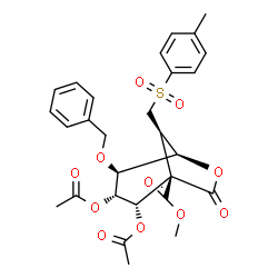 ChemSpider 2D Image | Methyl (1S,2S,3S,4S,5R,8R)-2,3-diacetoxy-4-(benzyloxy)-8-{[(4-methylphenyl)sulfonyl]methyl}-7-oxo-6-oxabicyclo[3.2.1]octane-1-carboxylate | C28H30O11S