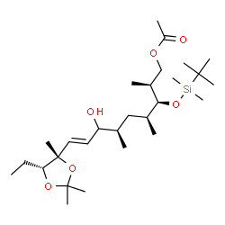 ChemSpider 2D Image | (2S,3S,4S,6R,8E)-3-{[Dimethyl(2-methyl-2-propanyl)silyl]oxy}-9-[(4S,5R)-5-ethyl-2,2,4-trimethyl-1,3-dioxolan-4-yl]-7-hydroxy-2,4,6-trimethyl-8-nonen-1-yl acetate | C28H54O6Si