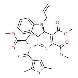 ChemSpider 2D Image | Trimethyl (2S,6aR,11bS)-7-allyl-3-(2,5-dimethyl-3-furoyl)-2,3,6a,7-tetrahydro-1H-pyrrolo[2',3':2,3]pyrido[4,3-b]indole-2,5,6-tricarboxylate | C29H29N3O8