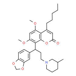 ChemSpider 2D Image | 8-[1-(1,3-Benzodioxol-5-yl)-3-(3-methyl-1-piperidinyl)propyl]-5,7-dimethoxy-4-pentyl-2H-chromen-2-one | C32H41NO6