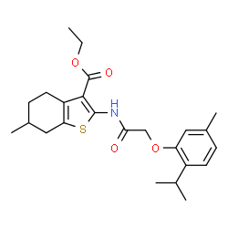 ChemSpider 2D Image | Ethyl 2-{[(2-isopropyl-5-methylphenoxy)acetyl]amino}-6-methyl-4,5,6,7-tetrahydro-1-benzothiophene-3-carboxylate | C24H31NO4S