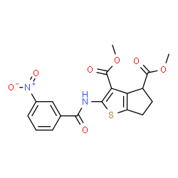 ChemSpider 2D Image | Dimethyl 2-[(3-nitrobenzoyl)amino]-5,6-dihydro-4H-cyclopenta[b]thiophene-3,4-dicarboxylate | C18H16N2O7S