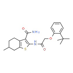 ChemSpider 2D Image | 2-{[(2-tert-Butylphenoxy)acetyl]amino}-6-methyl-4,5,6,7-tetrahydro-1-benzothiophene-3-carboxamide | C22H28N2O3S