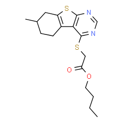 ChemSpider 2D Image | Butyl [(7-methyl-5,6,7,8-tetrahydro[1]benzothieno[2,3-d]pyrimidin-4-yl)sulfanyl]acetate | C17H22N2O2S2